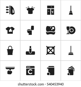 Set Of 16 Editable Dry-Cleaning Icons. Includes Symbols Such As Brush, Steam, Plate And More. Can Be Used For Web, Mobile, UI And Infographic Design.