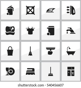 Set Of 16 Editable Dry-Cleaning Icons. Includes Symbols Such As Sweep, Plate, Clean T-Shirt And More. Can Be Used For Web, Mobile, UI And Infographic Design.