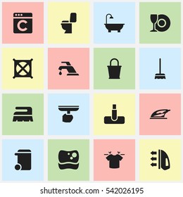 Set Of 16 Editable Dry-Cleaning Icons. Includes Symbols Such As Faucet, Hoover, Pail And More. Can Be Used For Web, Mobile, UI And Infographic Design.