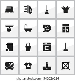 Set Of 16 Editable Dry-Cleaning Icons. Includes Symbols Such As Broomstick, Laundress, Plate And More. Can Be Used For Web, Mobile, UI And Infographic Design.
