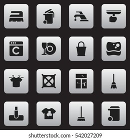 Set Of 16 Editable Dry-Cleaning Icons. Includes Symbols Such As Clean T-Shirt, Unclean Blouse, Washing Tool And More. Can Be Used For Web, Mobile, UI And Infographic Design.