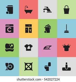 Set Of 16 Editable Dry-Cleaning Icons. Includes Symbols Such As Whisk, Bathroom, Unclean Blouse And More. Can Be Used For Web, Mobile, UI And Infographic Design.