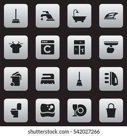 Set Of 16 Editable Dry-Cleaning Icons. Includes Symbols Such As Plate, Restroom, Whisk And More. Can Be Used For Web, Mobile, UI And Infographic Design.