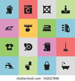Set Of 16 Editable Dry-Cleaning Icons. Includes Symbols Such As Bathroom, Unclean Blouse, Laundress And More. Can Be Used For Web, Mobile, UI And Infographic Design.