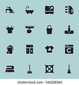 Set Of 16 Editable Dry-Cleaning Icons. Includes Symbols Such As Faucet, Washing Glass, Hoover And More. Can Be Used For Web, Mobile, UI And Infographic Design.