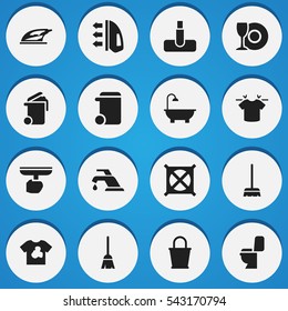 Set Of 16 Editable Dry-Cleaning Icons. Includes Symbols Such As Brush, Faucet, Container And More. Can Be Used For Web, Mobile, UI And Infographic Design.