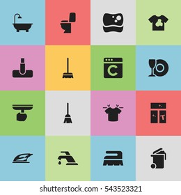 Set Of 16 Editable Dry-Cleaning Icons. Includes Symbols Such As Whisk, Plate, Broomstick And More. Can Be Used For Web, Mobile, UI And Infographic Design.
