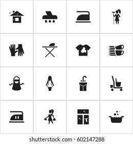 Set Of 16 Editable Dry-Cleaning Icons. Includes Symbols Such As Washing Glass, Sink, Housekeeping And More. Can Be Used For Web, Mobile, UI And Infographic Design.
