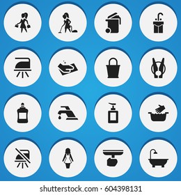 Set Of 16 Editable Dry-Cleaning Icons. Includes Symbols Such As Faucet, Hand Sanitizer, Cleaner. Can Be Used For Web, Mobile, UI And Infographic Design.