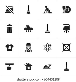 Set Of 16 Editable Dry-Cleaning Icons. Includes Symbols Such As Broomstick, Rubbish Container, Pure Home And More. Can Be Used For Web, Mobile, UI And Infographic Design.