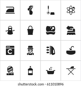 Set Of 16 Editable Dry-Cleaning Icons. Includes Symbols Such As Power, Kitchen Clothing, Ironing And More. Can Be Used For Web, Mobile, UI And Infographic Design.