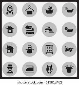 Set Of 16 Editable Dry-Cleaning Icons. Includes Symbols Such As Clothes Washing, Dishwasher, Ironing And More. Can Be Used For Web, Mobile, UI And Infographic Design.