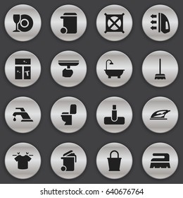 Set Of 16 Editable Dry-Cleaning Icons. Includes Symbols Such As Appliance, Faucet, Pail And More. Can Be Used For Web, Mobile, UI And Infographic Design.
