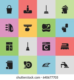 Set Of 16 Editable Dry-Cleaning Icons. Includes Symbols Such As Restroom, Hoover, Whisk And More. Can Be Used For Web, Mobile, UI And Infographic Design.