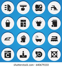 Set Of 16 Editable Dry-Cleaning Icons. Includes Symbols Such As Faucet, Container, Appliance And More. Can Be Used For Web, Mobile, UI And Infographic Design.