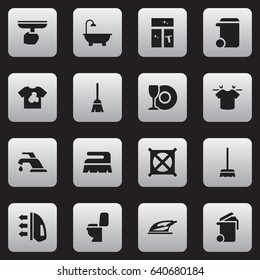 Set Of 16 Editable Dry-Cleaning Icons. Includes Symbols Such As Sweep, Broomstick, No Laundry And More. Can Be Used For Web, Mobile, UI And Infographic Design.