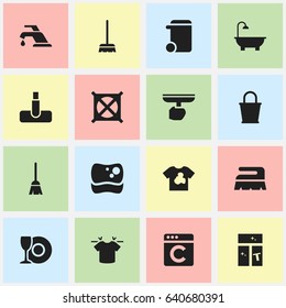 Set Of 16 Editable Dry-Cleaning Icons. Includes Symbols Such As Dustbin, Broomstick, No Laundry And More. Can Be Used For Web, Mobile, UI And Infographic Design.