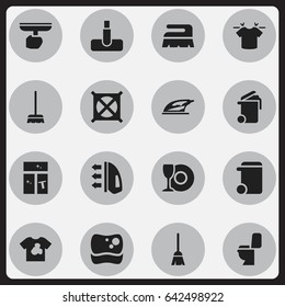 Set Of 16 Editable Dry-Cleaning Icons. Includes Symbols Such As Clean T-Shirt, Whisk, No Laundry And More. Can Be Used For Web, Mobile, UI And Infographic Design.