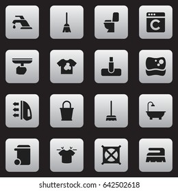 Set Of 16 Editable Dry-Cleaning Icons. Includes Symbols Such As Broomstick, Clean T-Shirt, Bathroom And More. Can Be Used For Web, Mobile, UI And Infographic Design.