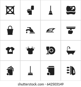 Set Of 16 Editable Dry-Cleaning Icons. Includes Symbols Such As Washing Tool, Unclean Blouse, Clean T-Shirt And More. Can Be Used For Web, Mobile, UI And Infographic Design.