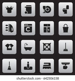 Set Of 16 Editable Dry-Cleaning Icons. Includes Symbols Such As Pail, Bathroom, Sweep And More. Can Be Used For Web, Mobile, UI And Infographic Design.