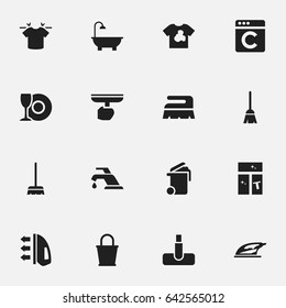 Set Of 16 Editable Dry-Cleaning Icons. Includes Symbols Such As Washing Glass, Faucet, Container And More. Can Be Used For Web, Mobile, UI And Infographic Design.