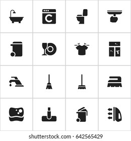 Set Of 16 Editable Dry-Cleaning Icons. Includes Symbols Such As Washing Tool, Hoover, Faucet And More. Can Be Used For Web, Mobile, UI And Infographic Design.