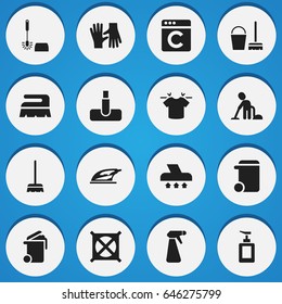 Set Of 16 Editable Dry-Cleaning Icons. Includes Symbols Such As Appliance, Cleaning Kit, No Laundry And More. Can Be Used For Web, Mobile, UI And Infographic Design.