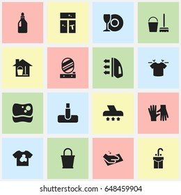 Set Of 16 Editable Dry-Cleaning Icons. Includes Symbols Such As Clean T-Shirt, Plate, Gauntlet And More. Can Be Used For Web, Mobile, UI And Infographic Design.