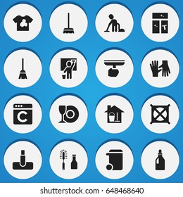 Set Of 16 Editable Dry-Cleaning Icons. Includes Symbols Such As Plate, Servant, Dustbin And More. Can Be Used For Web, Mobile, UI And Infographic Design.