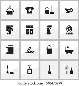 Set Of 16 Editable Dry-Cleaning Icons. Includes Symbols Such As Wc Cleaning, Wall Mirror, Bathroom And More. Can Be Used For Web, Mobile, UI And Infographic Design.