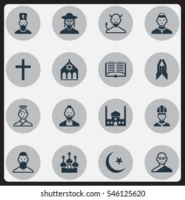 Set Of 16 Editable Dyne Icons. Includes Symbols Such As Satan, Blessing, Hebrew And More. Can Be Used For Web, Mobile, UI And Infographic Design.