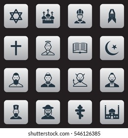Set Of 16 Editable Dyne Icons. Includes Symbols Such As Gospel, Hebrew, Blessing And More. Can Be Used For Web, Mobile, UI And Infographic Design.