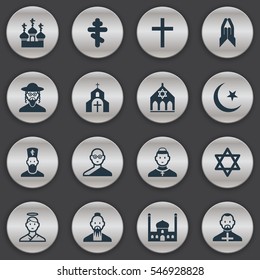 Set Of 16 Editable Dyne Icons. Includes Symbols Such As Clergyman, Friar, Temple And More. Can Be Used For Web, Mobile, UI And Infographic Design.