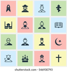 Set Of 16 Editable Dyne Icons. Includes Symbols Such As Gospel, Chapel, Religious Sewn And More. Can Be Used For Web, Mobile, UI And Infographic Design.