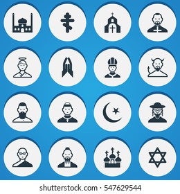 Set Of 16 Editable Dyne Icons. Includes Symbols Such As Friar, Chapel, Church And More. Can Be Used For Web, Mobile, UI And Infographic Design.