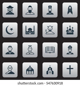 Set Of 16 Editable Dyne Icons. Includes Symbols Such As Chaplain, Church, Mohammedanism And More. Can Be Used For Web, Mobile, UI And Infographic Design.