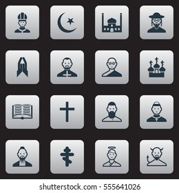 Set Of 16 Editable Dyne Icons. Includes Symbols Such As Friar, Satan, Muslim And More. Can Be Used For Web, Mobile, UI And Infographic Design.