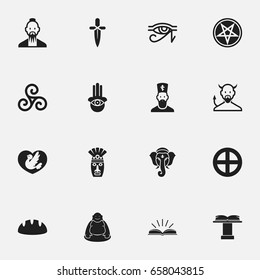 Set Of 16 Editable Dyne Icons. Includes Symbols Such As Baguette, Satan, Feng ShUI And More. Can Be Used For Web, Mobile, UI And Infographic Design.