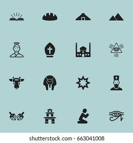 Set Of 16 Editable Dyne Icons. Includes Symbols Such As Enchanter Stick, Cherub, Baguette And More. Can Be Used For Web, Mobile, UI And Infographic Design.