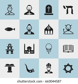 Set Of 16 Editable Dyne Icons. Includes Symbols Such As Fish, Christian, Orator Tribune And More. Can Be Used For Web, Mobile, UI And Infographic Design.