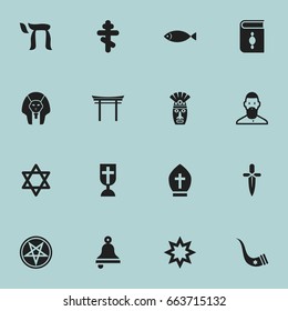 Set Of 16 Editable Dyne Icons. Includes Symbols Such As Catholic Crucifix, Pope Headwear, Asterisk And More. Can Be Used For Web, Mobile, UI And Infographic Design.