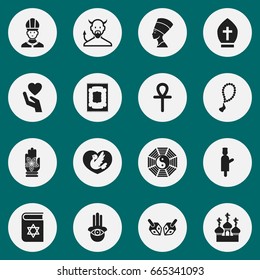 Set Of 16 Editable Dyne Icons. Includes Symbols Such As Muslim Carpet, Rosary, Taoism And More. Can Be Used For Web, Mobile, UI And Infographic Design.