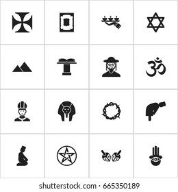 Set Of 16 Editable Dyne Icons. Includes Symbols Such As Candle Light, Hexagram, Christian. Can Be Used For Web, Mobile, UI And Infographic Design.