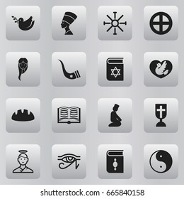 Set Of 16 Editable Dyne Icons. Includes Symbols Such As Egypt God, Sun Symbol, Plus In Circle And More. Can Be Used For Web, Mobile, UI And Infographic Design.