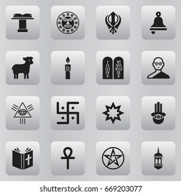 Set Of 16 Editable Dyne Icons. Includes Symbols Such As Minaret, Religious Sign, Pentagram And More. Can Be Used For Web, Mobile, UI And Infographic Design.