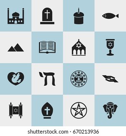 Set Of 16 Editable Dyne Icons. Includes Symbols Such As Gospel, Tribal Mask, Giza And More. Can Be Used For Web, Mobile, UI And Infographic Design.