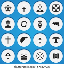 Set Of 16 Editable Dyne Icons. Includes Symbols Such As Mullah, Minaret, Crucifix And More. Can Be Used For Web, Mobile, UI And Infographic Design.