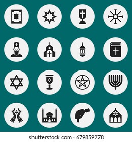 Set Of 16 Editable Dyne Icons. Includes Symbols Such As Chaplain, Christian Book, Chapel And More. Can Be Used For Web, Mobile, UI And Infographic Design.