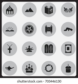 Set Of 16 Editable Dyne Icons. Includes Symbols Such As Temple, Enchanter Stick, Ancient Stone Text And More. Can Be Used For Web, Mobile, UI And Infographic Design.